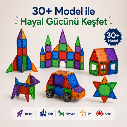 Manyetik bloklarla yapılabilen yaratıcı roket kale araba ve hayvan modelleri Kiddology