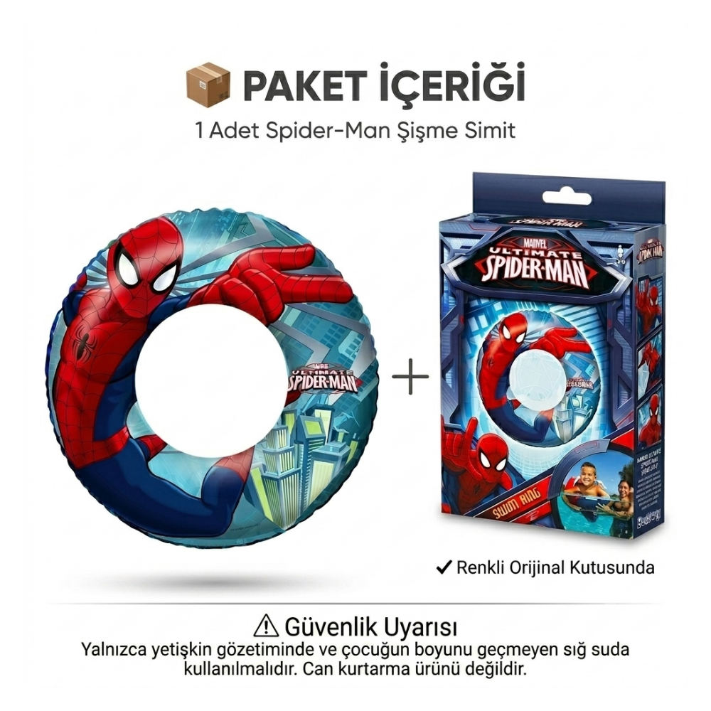 Renkli orijinal kutusunda 1 adet Spider-Man şişme deniz simidi paket içeriği Kiddology