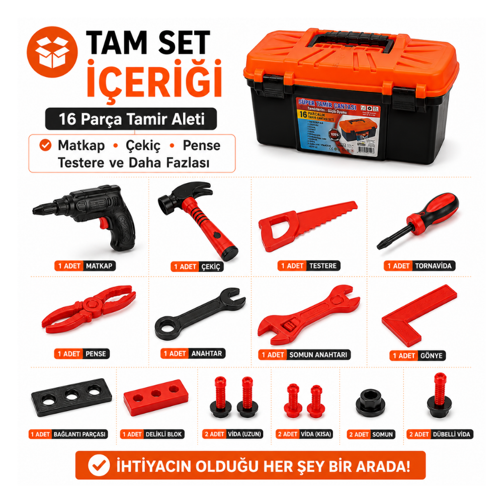 16 parca oyuncak tamir seti tam set icerigi